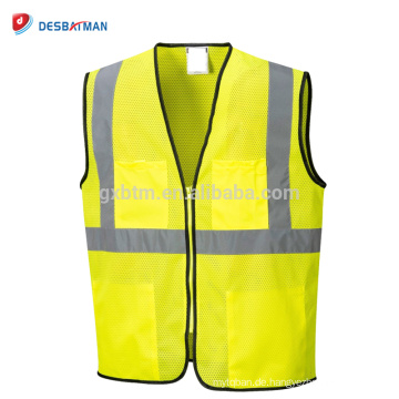 100% Polyester Breathable Mesh High Visibility Reflektierende Verkehrsweste Sicherheitsjacke Mit Klettverschluss Und Taschen Gelb